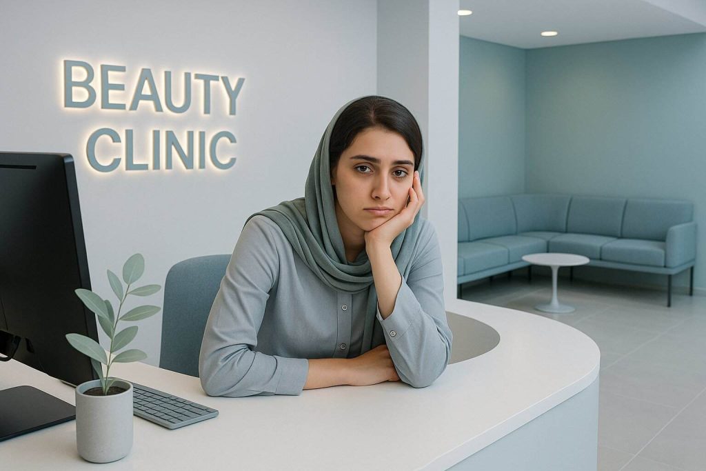 منشی پشت کانتر یک کلینیک زیبایی خالی از مشتری