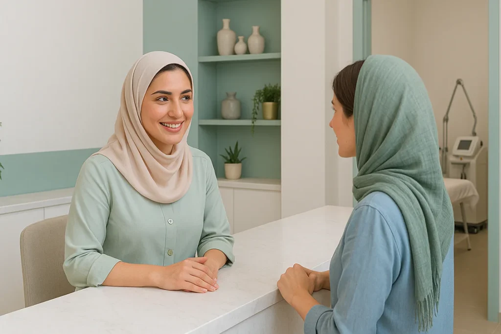 منشی یک کلینیک زیبایی با خوشرویی در حال مشاوره به مشتری